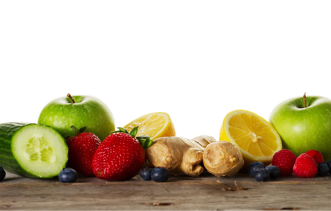 Фото обои ягоды, малина, лимон, яблоки, огурец, черника, клубника, фрукты