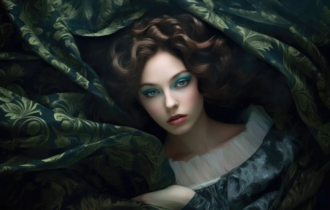 Фото обои взгляд, девушка, лицо, рендеринг, портрет, платье, арт, ткань