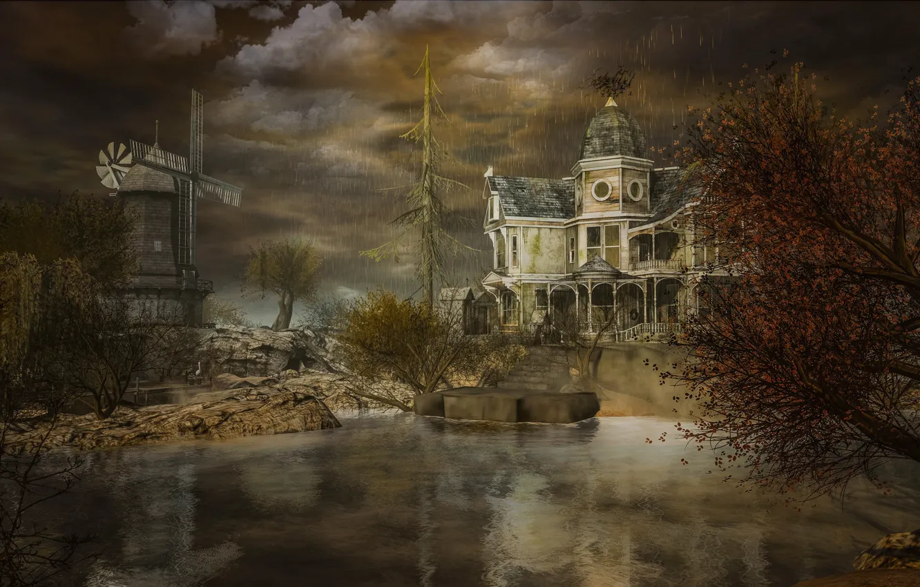 Фото обои гроза, осень, небо, облака, деревья, пейзаж, ветки, тучи