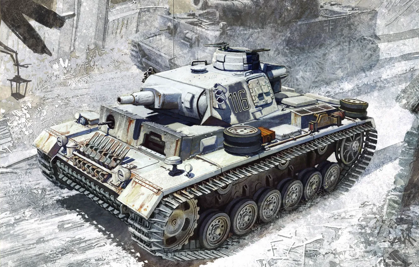 Фото обои Рисунок, Ausf.N, Средний танк, Ленинград 1943, w/Winterketten, s.Pz.Abt.502, Немецкий, Pz.Kpfw.III