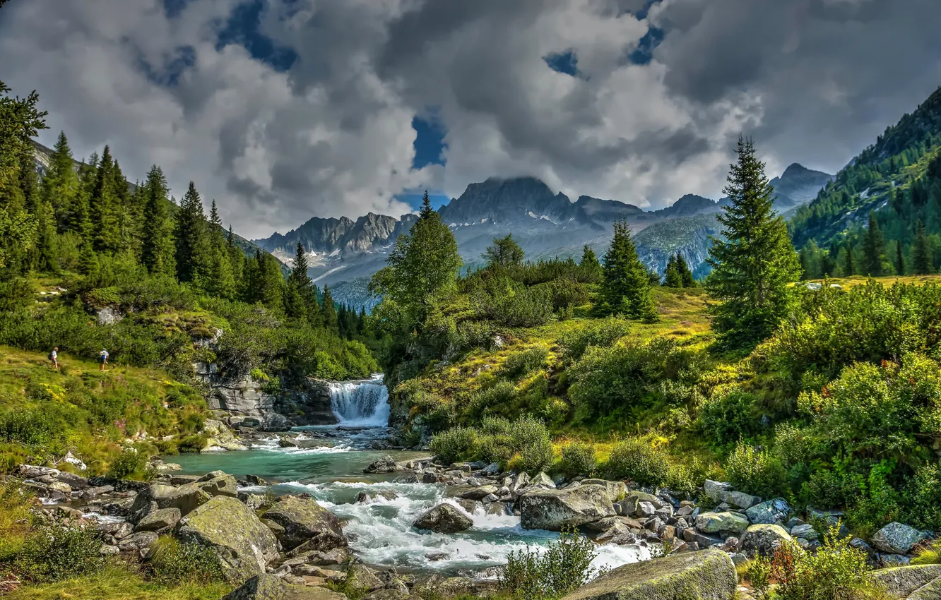 Фото обои деревья, горы, ручей, водопад, долина, Альпы, Италия, речка