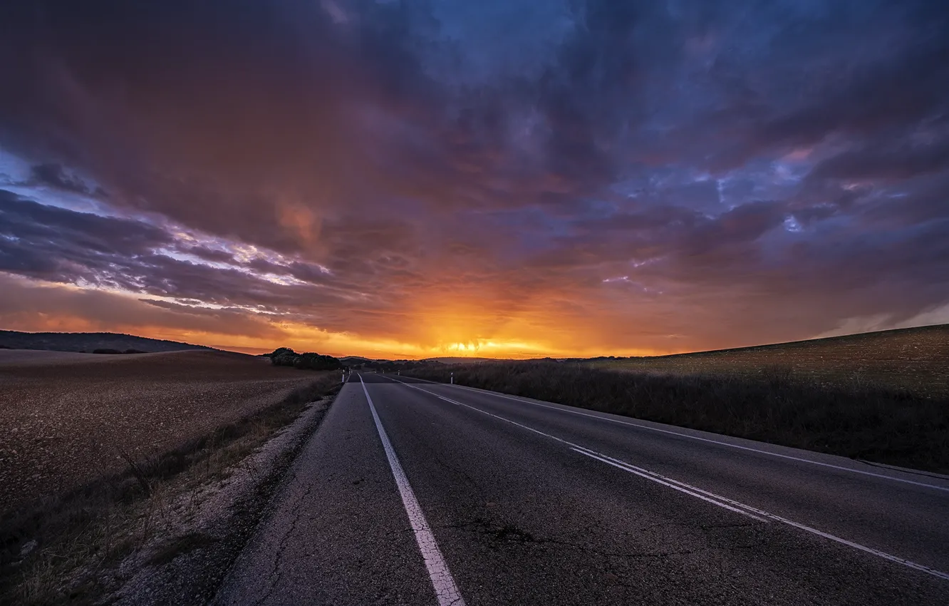 Фото обои дорога, поле, закат