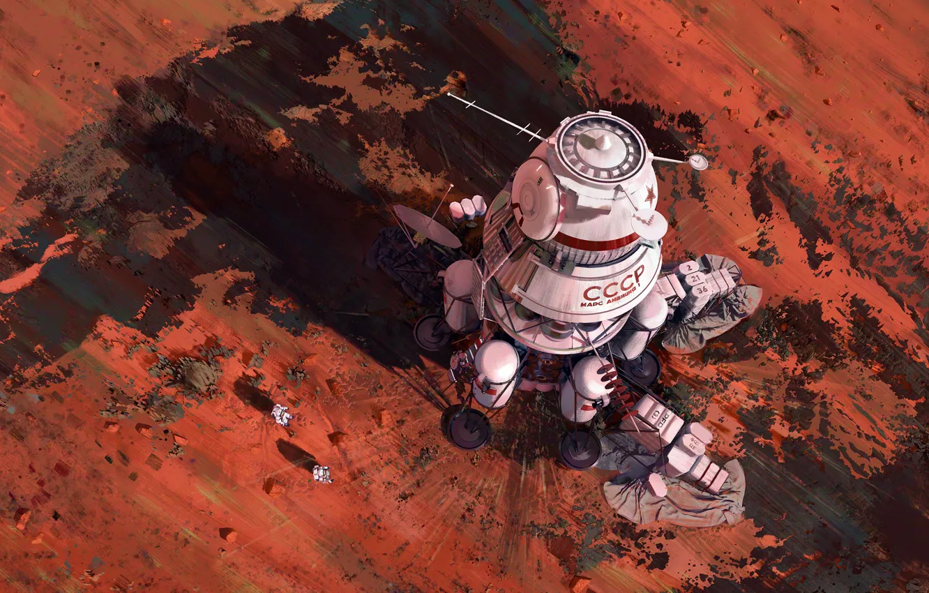 Фото обои поверхность, космонавты, космический аппарат, Ambition 1 Lander, red mars