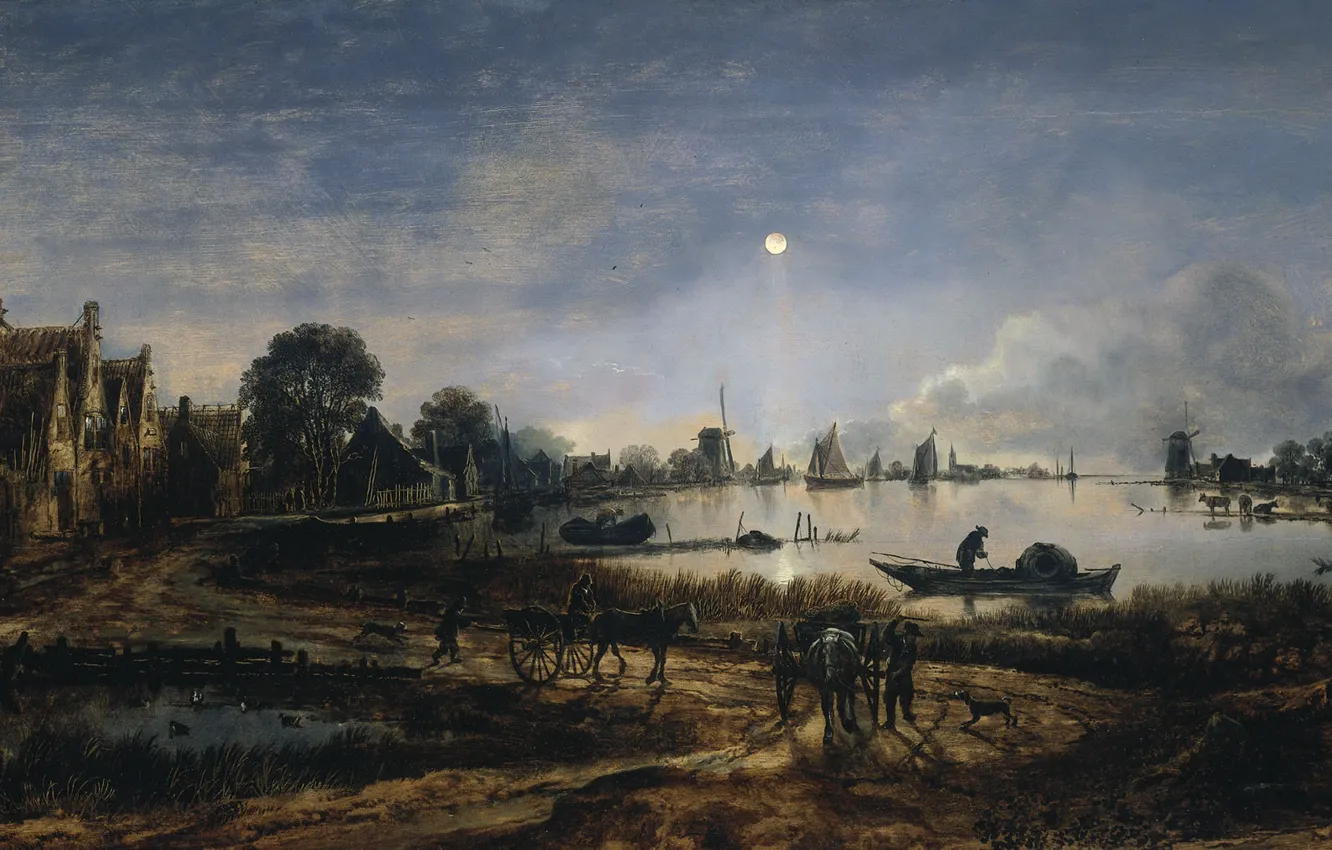 Фото обои пейзаж, дерево, масло, картина, Арт ван дер Нер, Вид на Реку в Лунном Свете