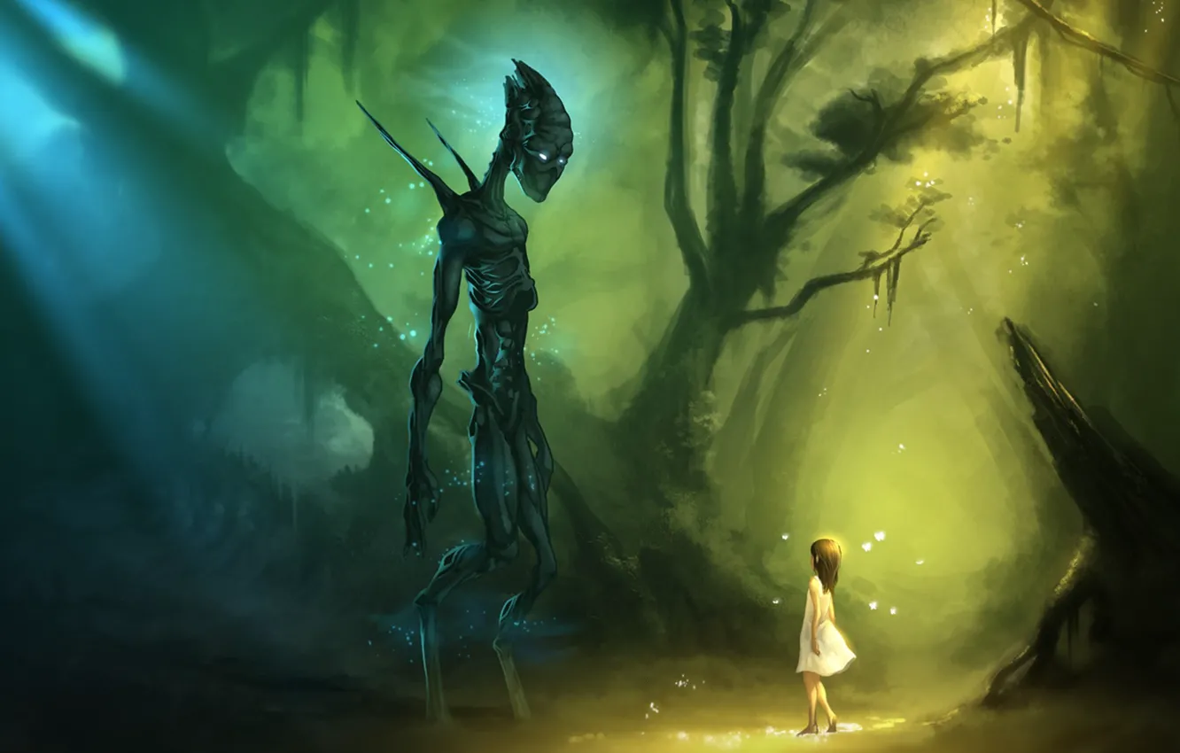 Фото обои лес, деревья, девочка, чудовище
