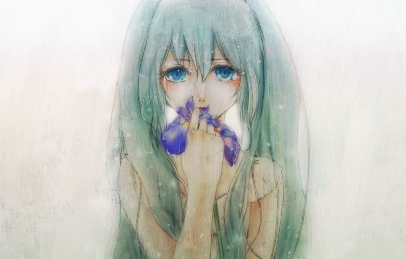Фото обои слезы, голубые глаза, серый фон, Hatsune Miku, длинные волосы, vokaloid, ирис