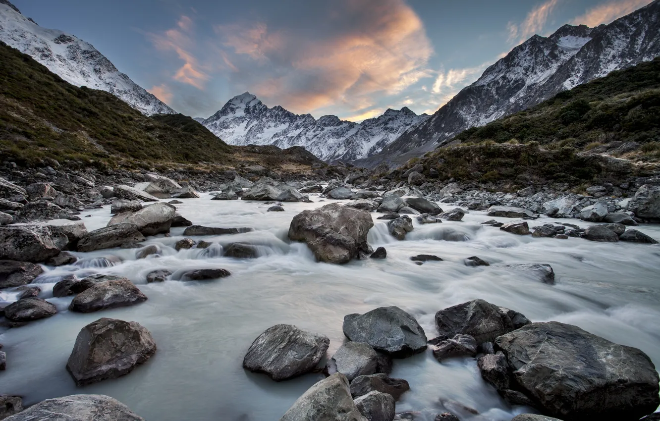 Фото обои горы, река, камни, Новая Зеландия, New Zealand, Hooker River, Mount Cook National Park
