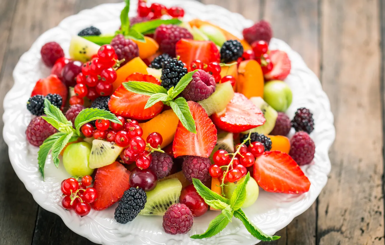 Фото обои ягоды, малина, черника, фрукты, мята, wood, fruit, салат