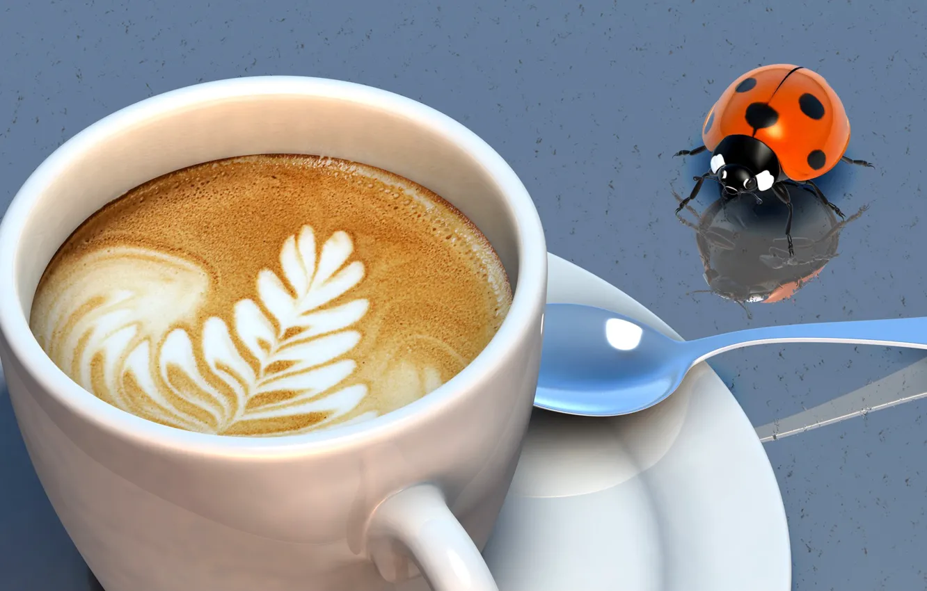 Фото обои божья коровка, кофе, ложка, чашка, пенка