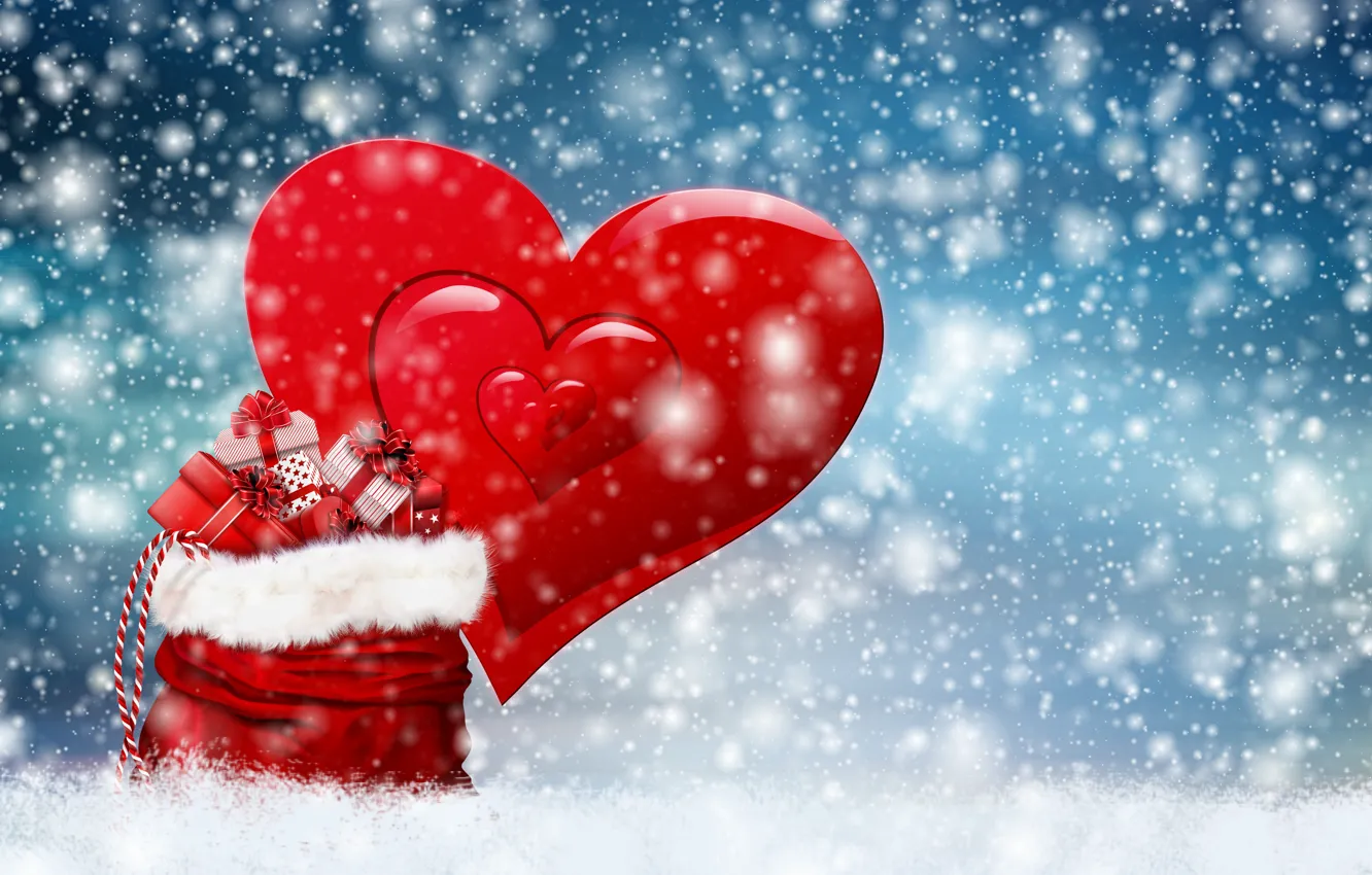 Фото обои снег, сердце, Рождество, подарки, мешок