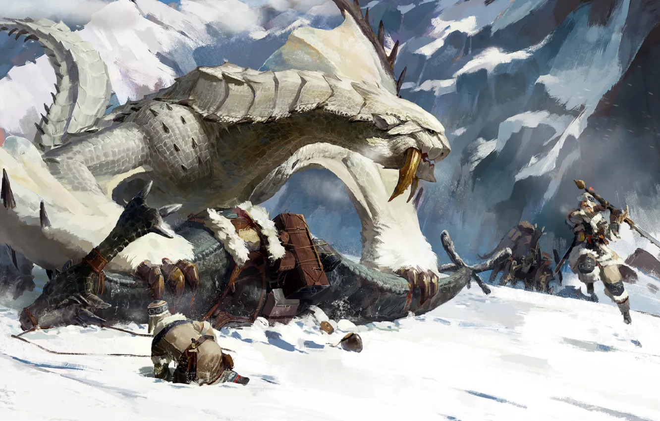 Фото обои sword, rock, fantasy, Monster, mountain, snow, battle, weapons