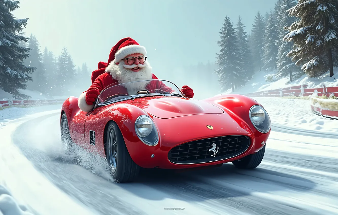 Фото обои Ferrari, winter, snow, Santa Claus