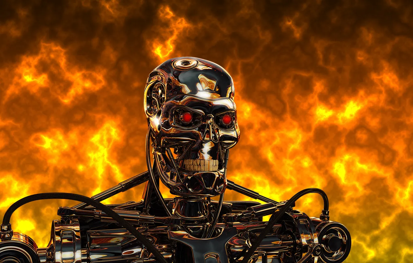 Фото обои металл, огонь, сталь, робот, киборг, terminator, Терминатор, t-800