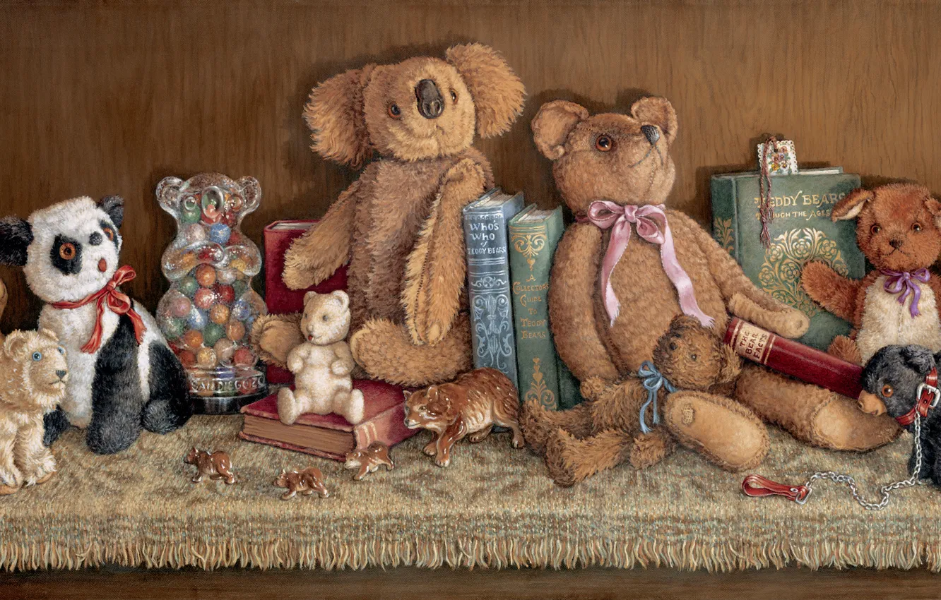 Фото обои игрушки, книги, арт, мишка, коллекция, полочка, Жанет Крускамп
