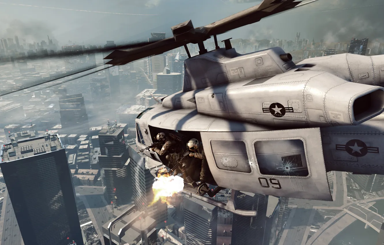 Фото обои город, огонь, вертолет, Battlefield 4