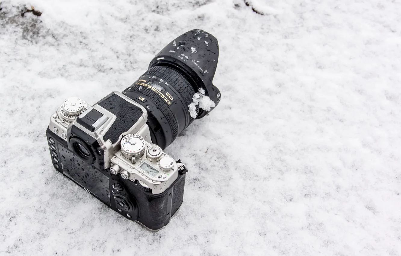 Фото обои зима, снег, фон, фотоаппарат, объектив, Nikon 1 AW1