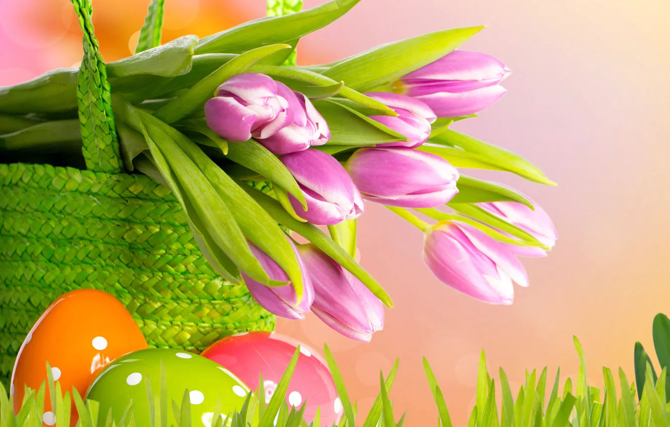 Фото обои цветы, яйца, весна, пасха, тюльпаны