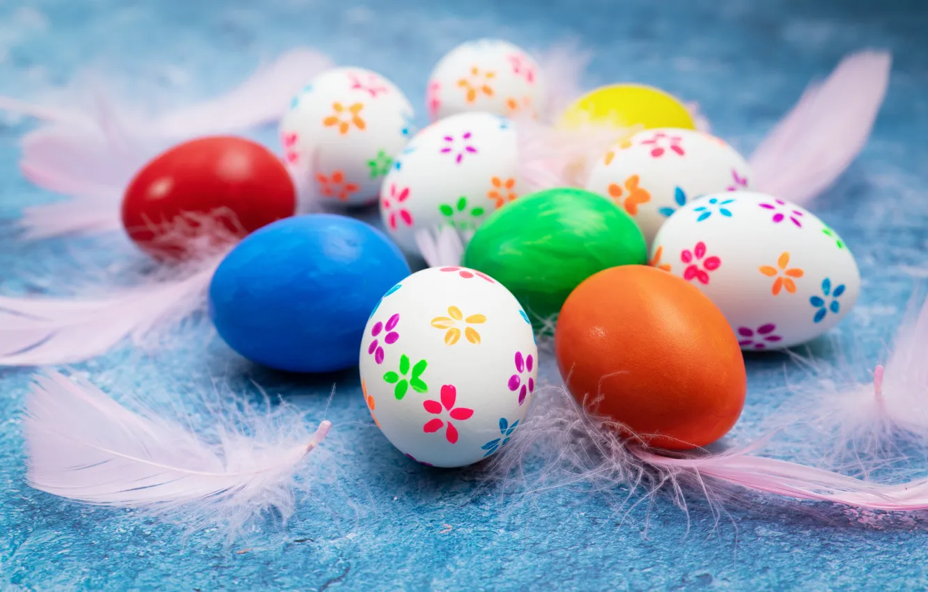 Фото обои праздник, яйца, весна, перья, Пасха