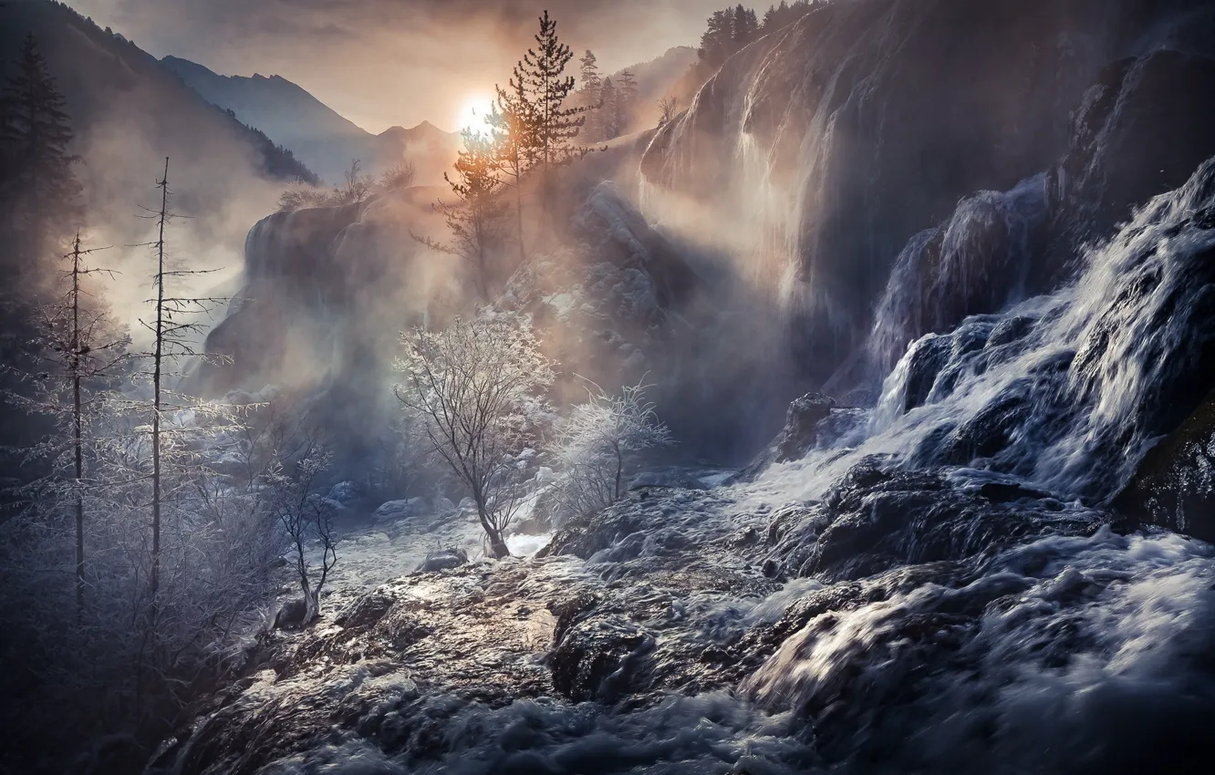Фото обои лес, вода, свет, природа, туман, скалы, китай, дымка