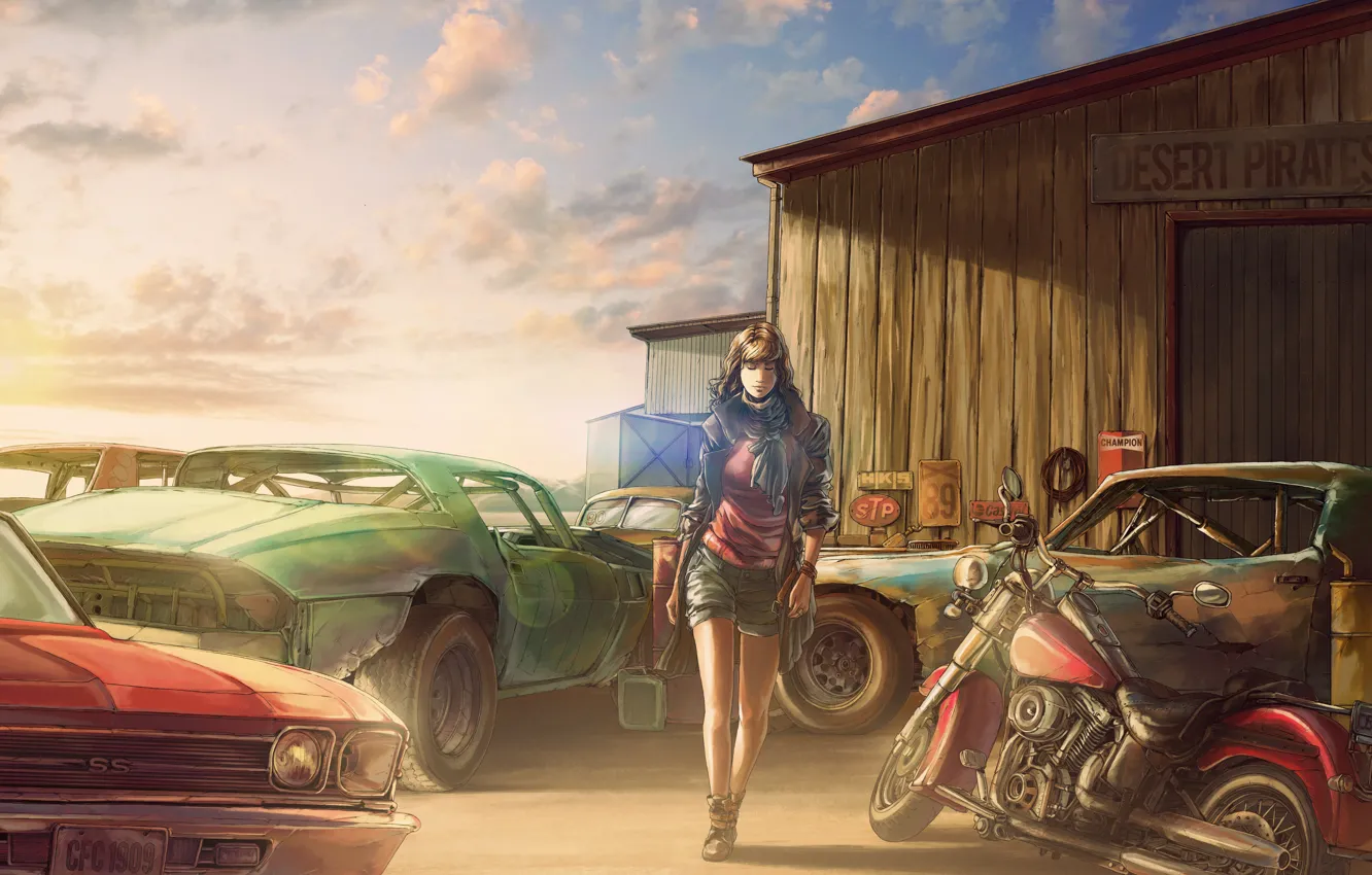 Фото обои девушка, рисунок, Chevrolet, мотоцикл, свалка, амбар, art, old car