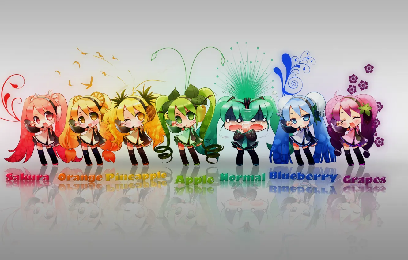 Фото обои серый, фон, Hatsune Miku, разноцветные, Vocaloid, много, аватары, причёски