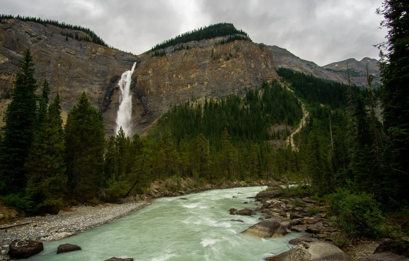 Фото обои небо, деревья, горы, тучи, природа, река, скалы, Канада