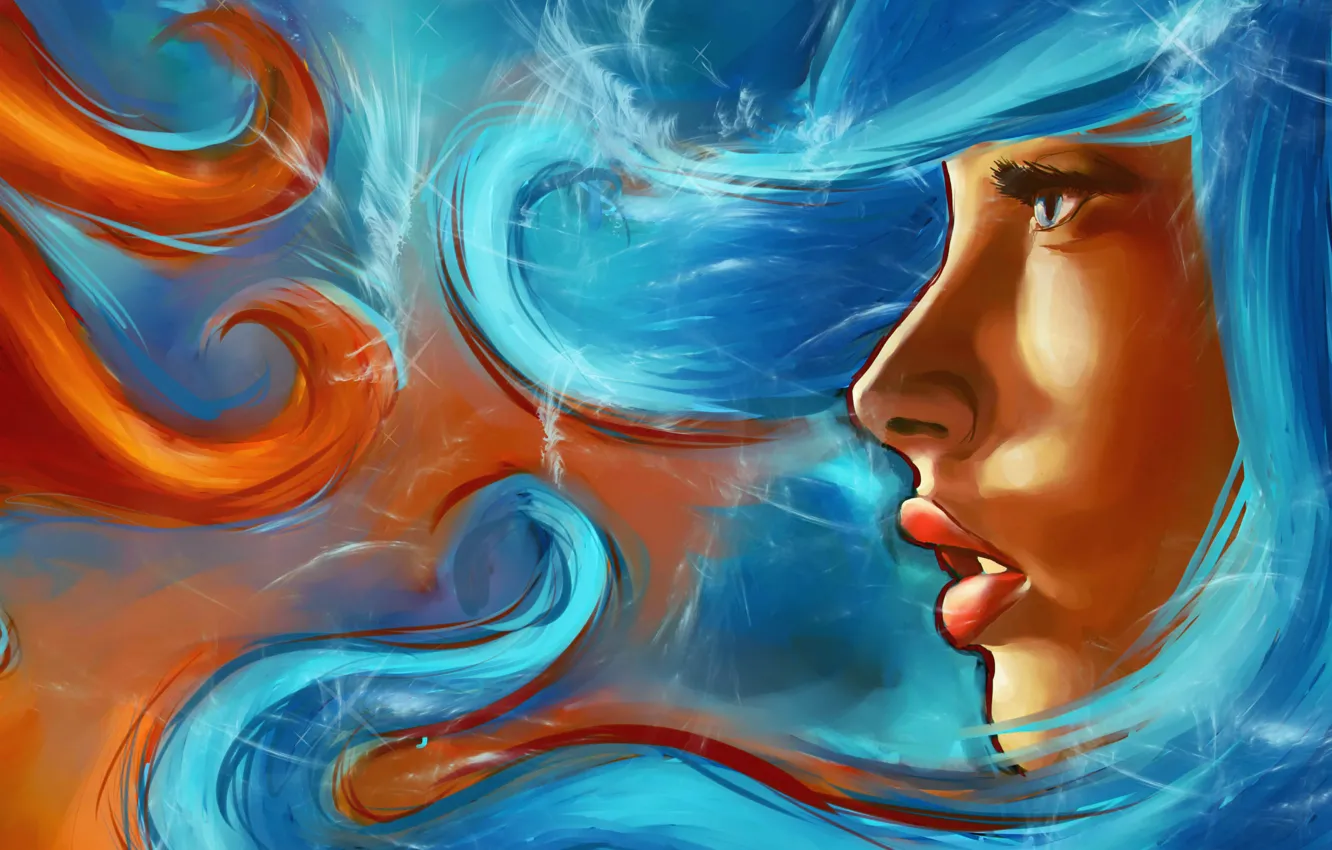 Фото обои взгляд, вода, девушка, лицо, огонь, стихии, арт, губы