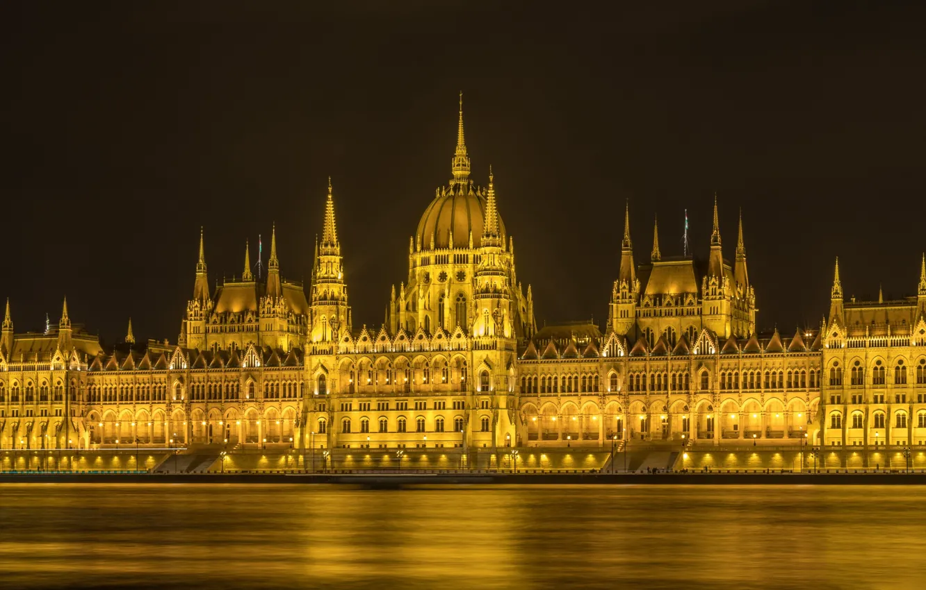 Фото обои огни, река, Парламент, Венгрия, Будапешт, Дунай