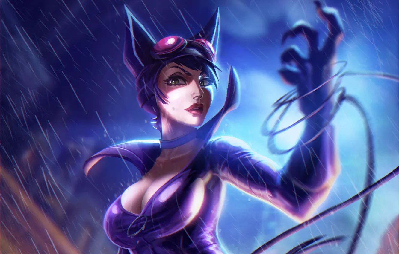 Фото обои Девушка, Дождь, Арт, Красотка, Rain, Ливень, Catwoman, Персонаж