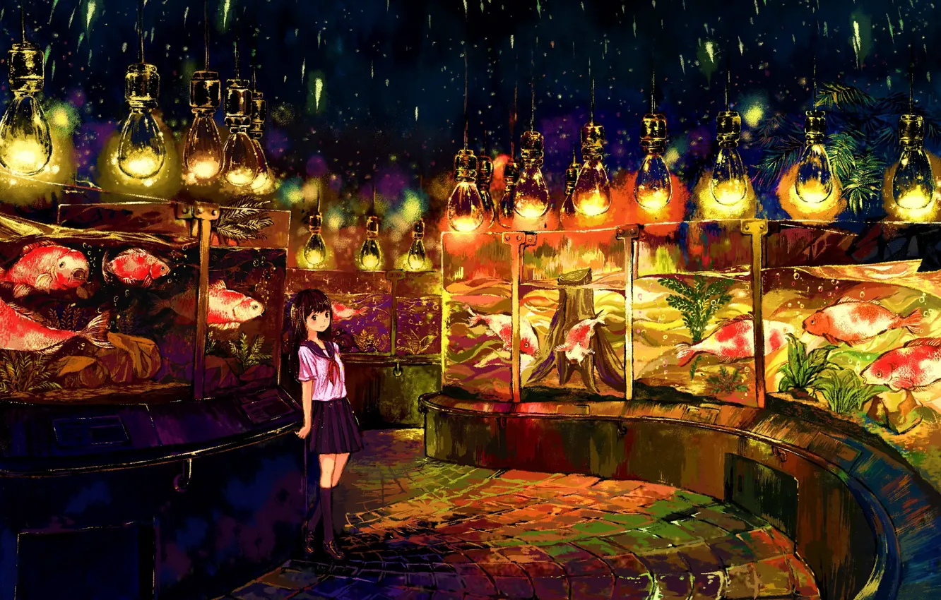 Фото обои улица, аниме, фонари, девочка, живопись
