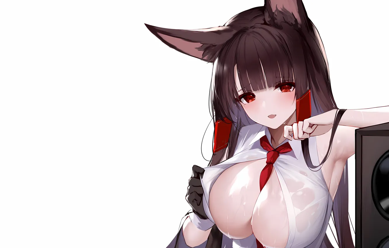 Фото обои girl, sexy, wet, cleavage, long hair, brown hair, boobs, animal ears