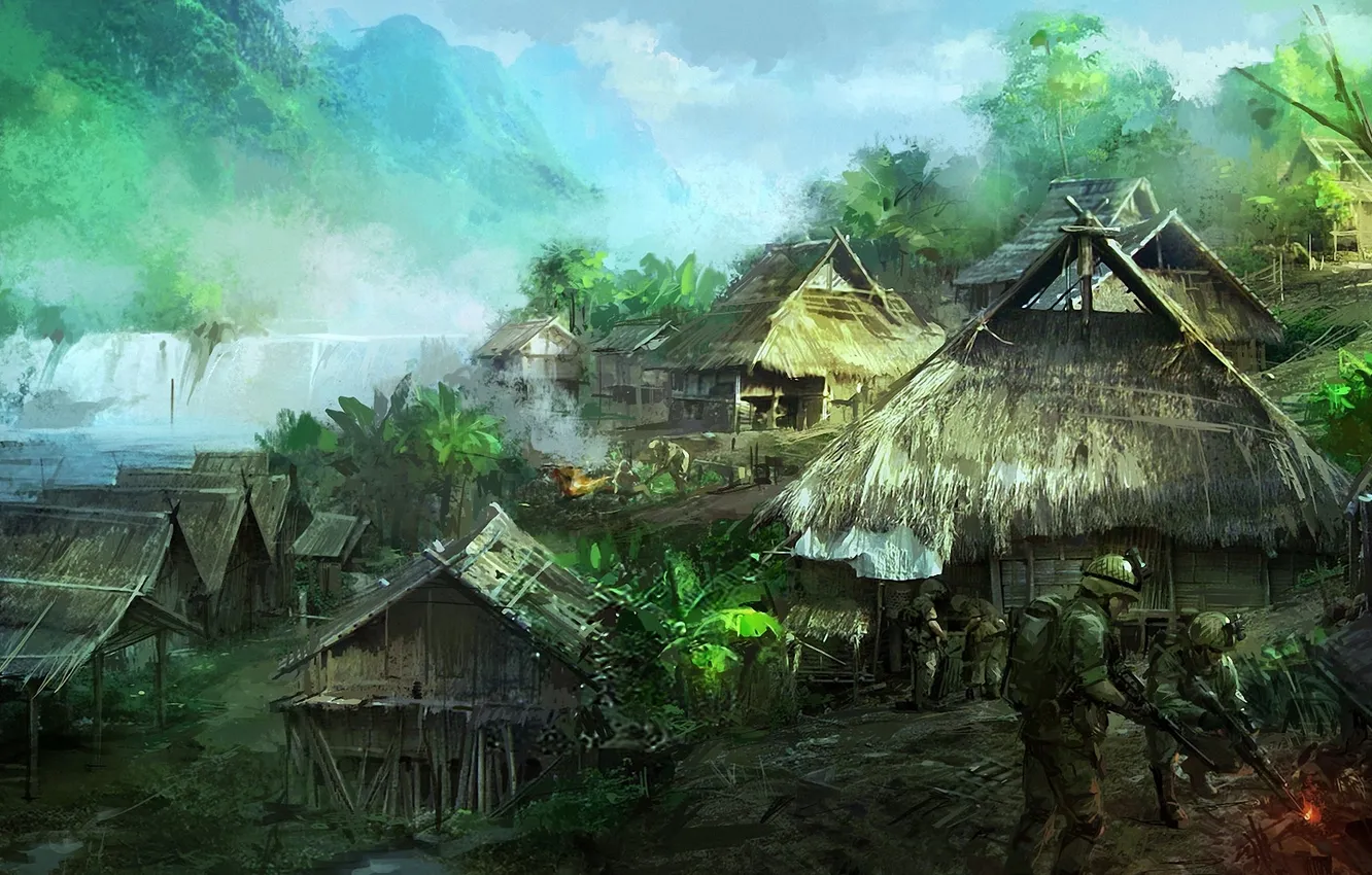 Фото обои река, оружие, водопад, деревня, джунгли, арт, солдаты, постройки