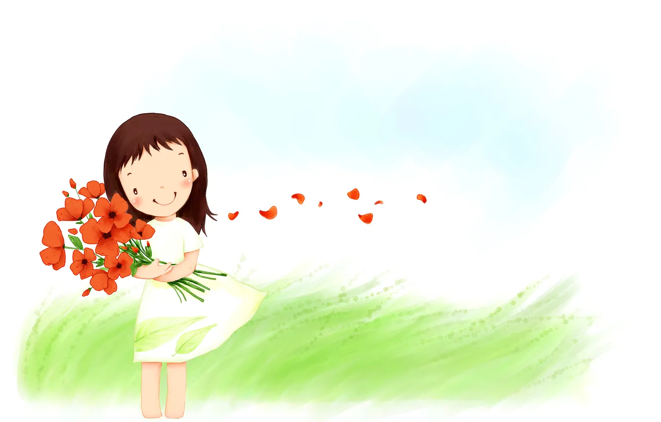 Фото обои трава, цветы, улыбка, ветер, букет, лепестки, платье, девочка