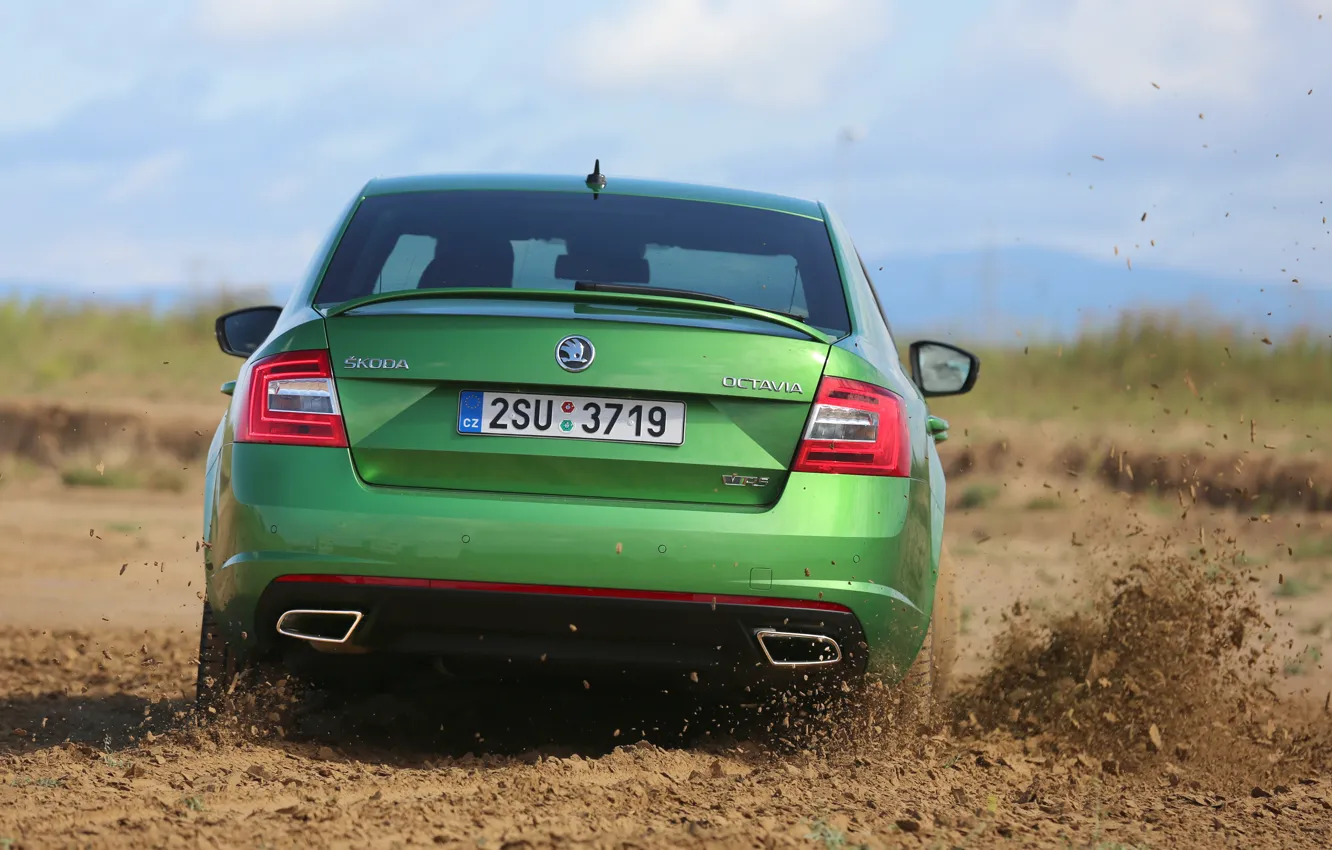 Фото обои пыль, грязь, зелёный, седан, грунт, Škoda, 2013, корма