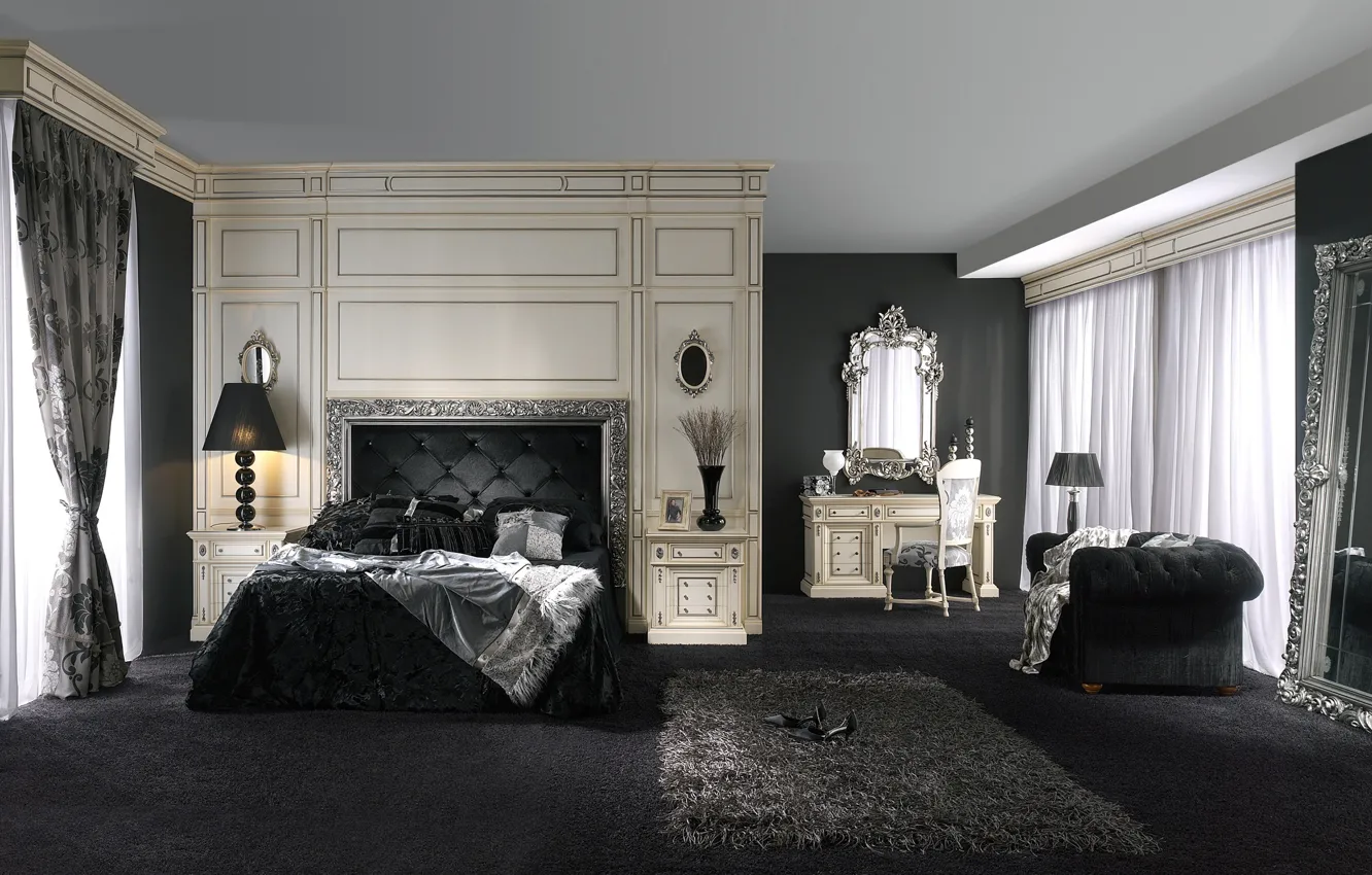 Фото обои белый, ковер, черный, кровать, кресло, зеркало, спальня