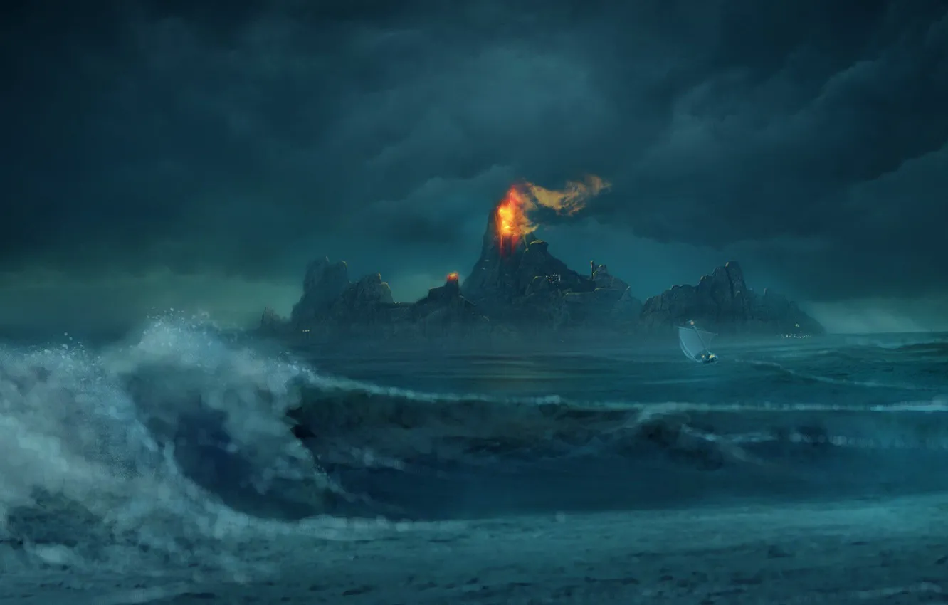 Фото обои горы, огонь, лодка, Волны, Risen