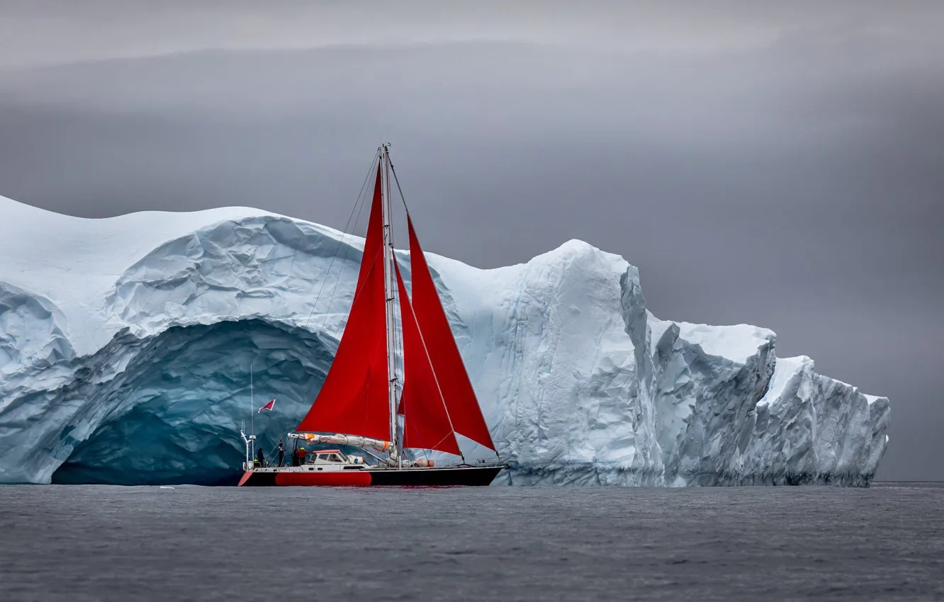 Фото обои океан, лодка, парусник, айсберг, Антарктика, льдина, алые паруса
