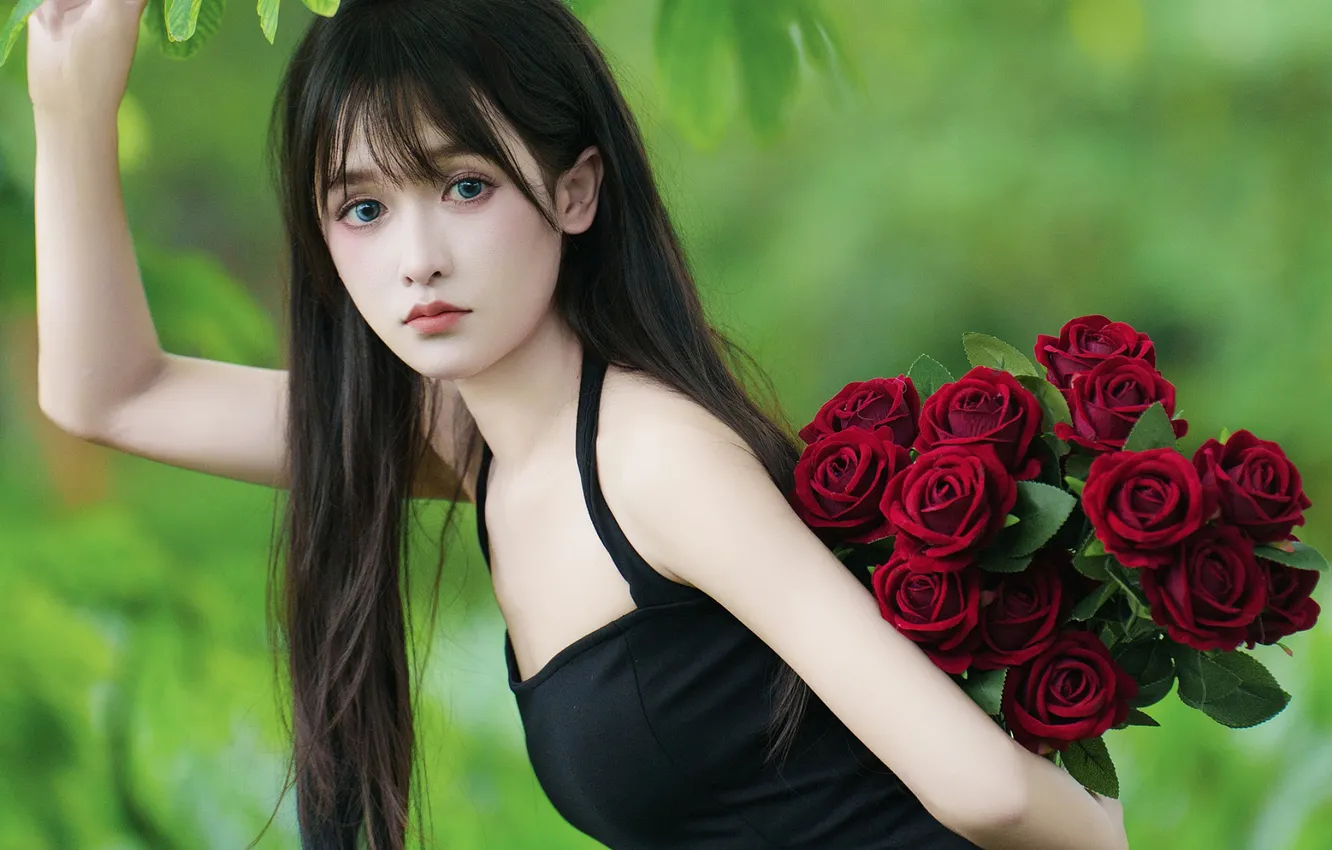 Фото обои Beautiful, Asian, Model, Flower, Roses, Woman, Bouquet, Cute
