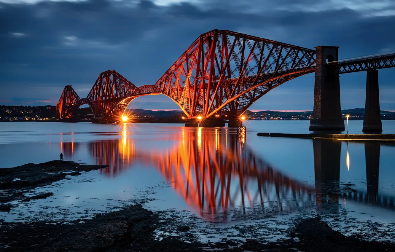 Фото обои bridge, Scotland, reflection, Blue Hour, South Queensferry