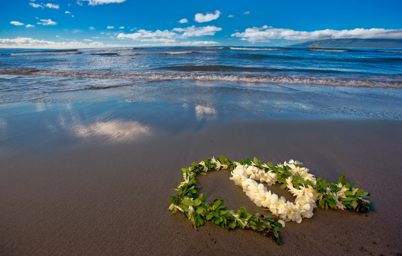 Фото обои песок, море, пляж, небо, листья, облака, цветы, сердце