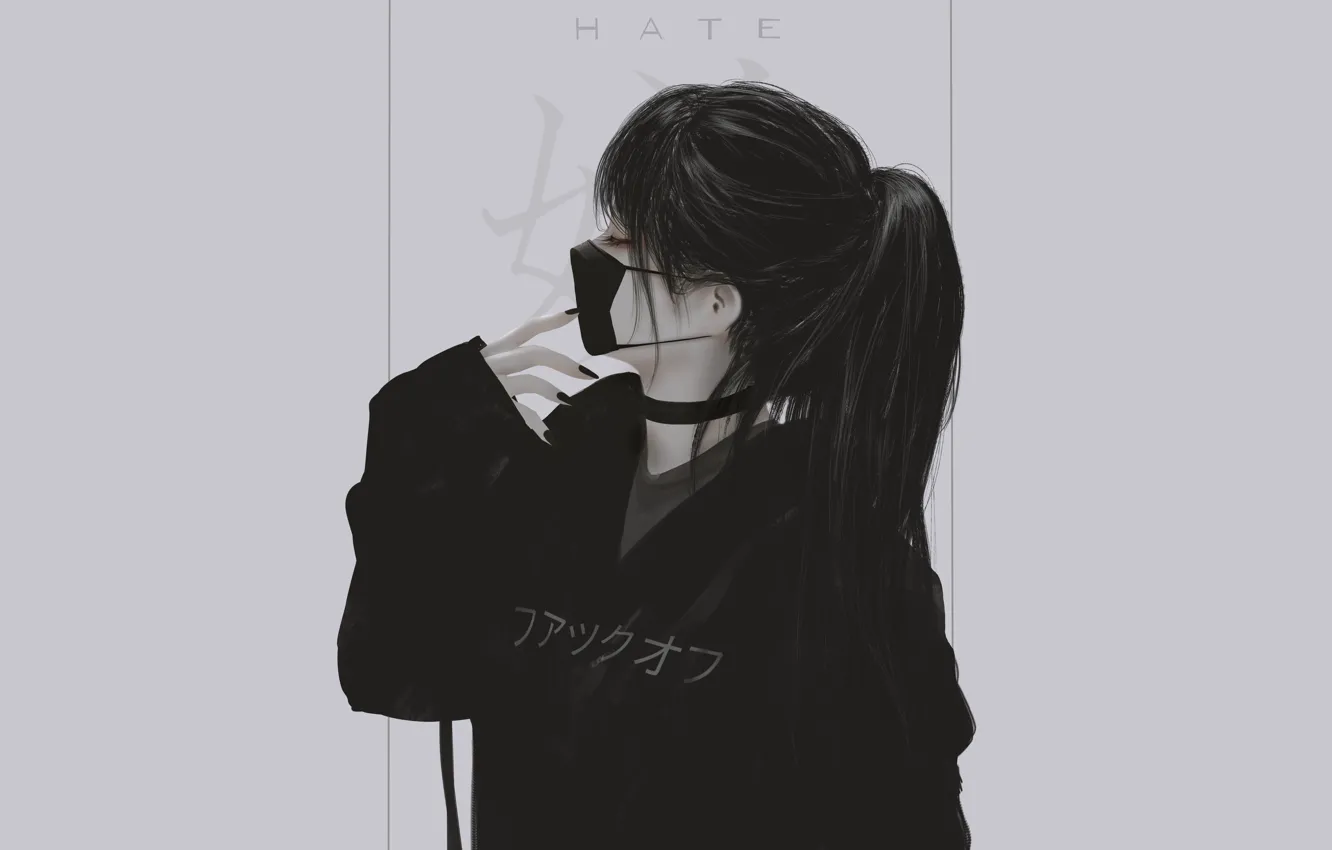 Фото обои girl, black, long hair, style, art, mask, choker, Aoi Ogata