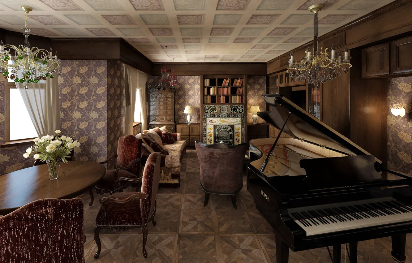 Фото обои дизайн, уют, интерьер, рояль, гостиная, столовая, английский стиль