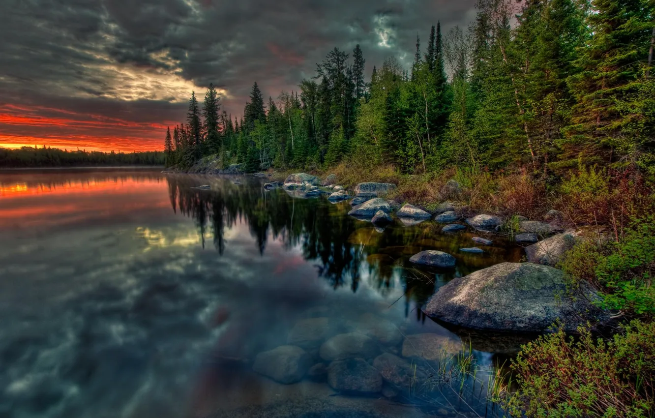 Фото обои лес, пейзаж, закат, природа, озеро, камни, Канада, Онтарио