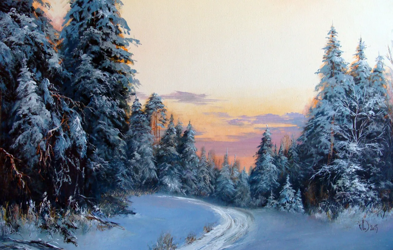 Фото обои зима, снег, пейзаж, картина, живопись, Зимний лес, деревья в снегу, Александр Леднев