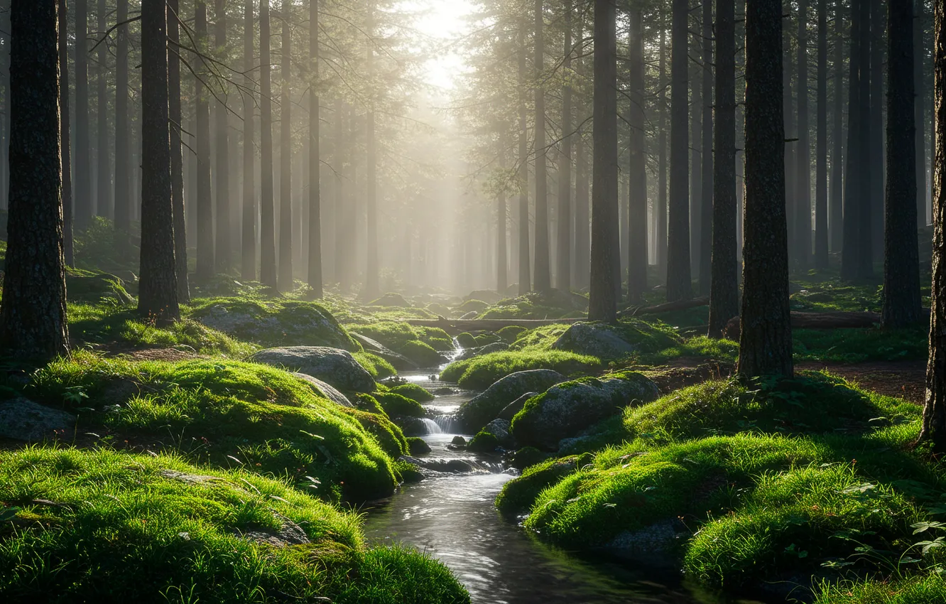 Фото обои лес, трава, ручей, обои, мох, wallpaper, grass, forest
