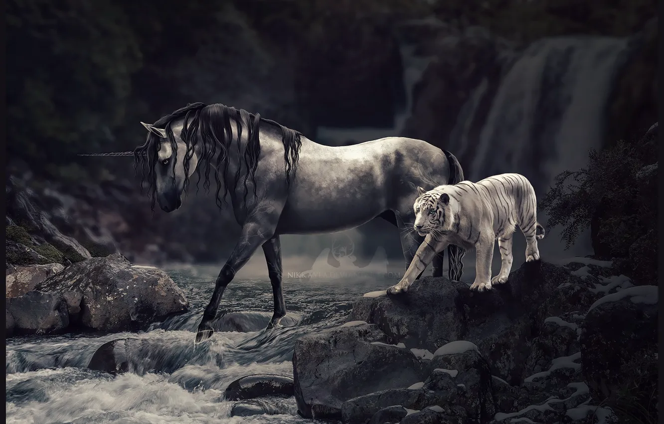 Фото обои животные, горы, природа, тигр, лошадь, единорог, водопады, ретушь