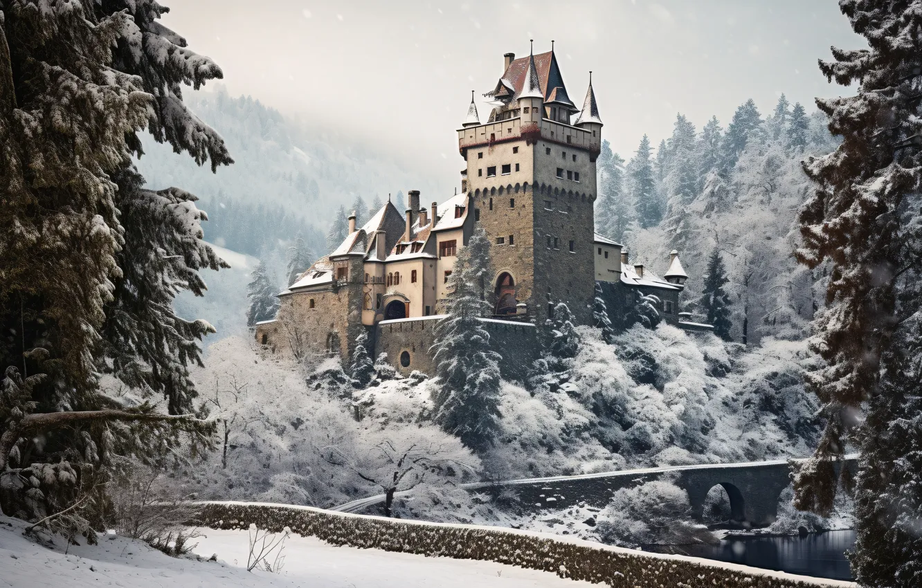 Фото обои зима, снег, горы, замок, winter, castle, snowy, mountins