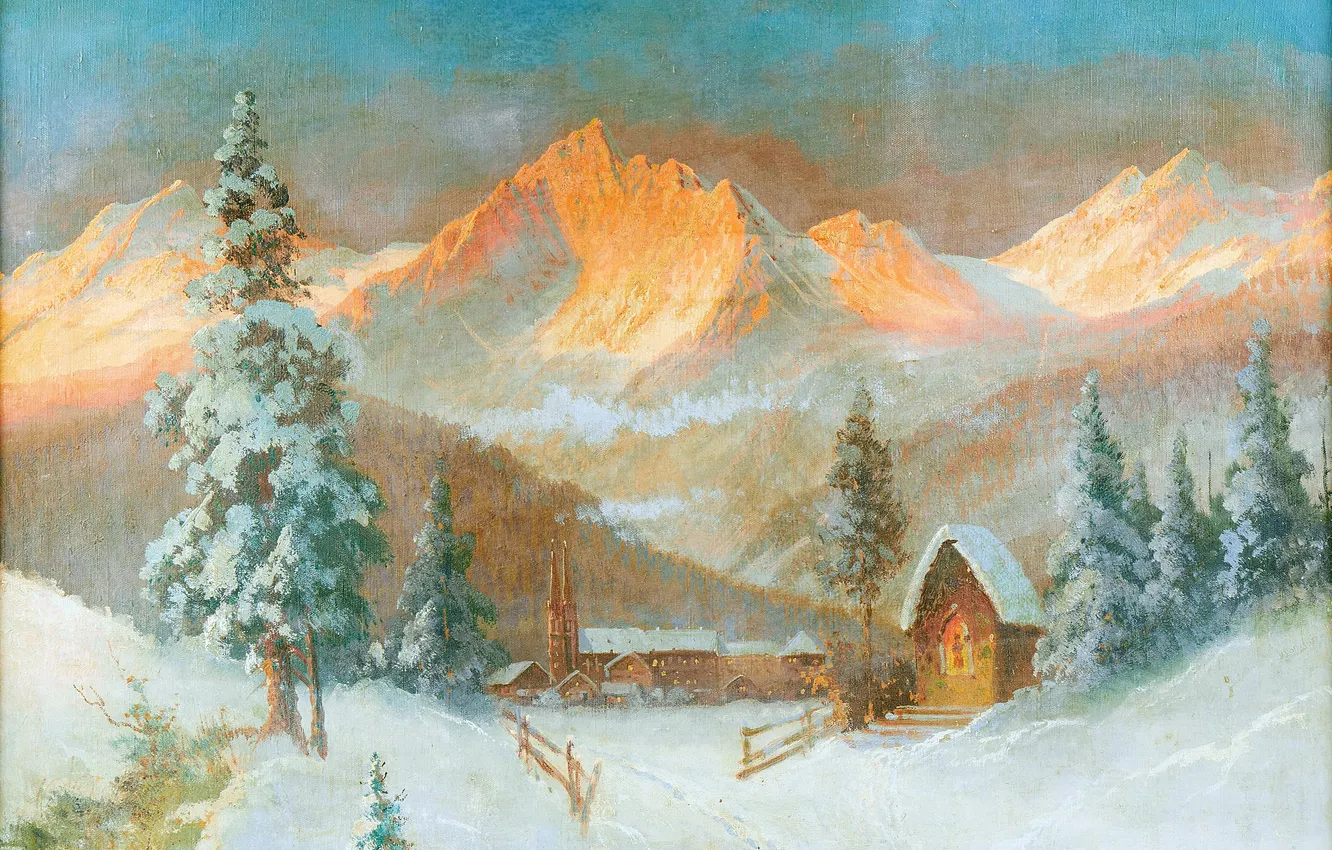 Фото обои Дома, Зима, Горы, Снег, Картина, Alois Arnegger, Ели, Адмонт
