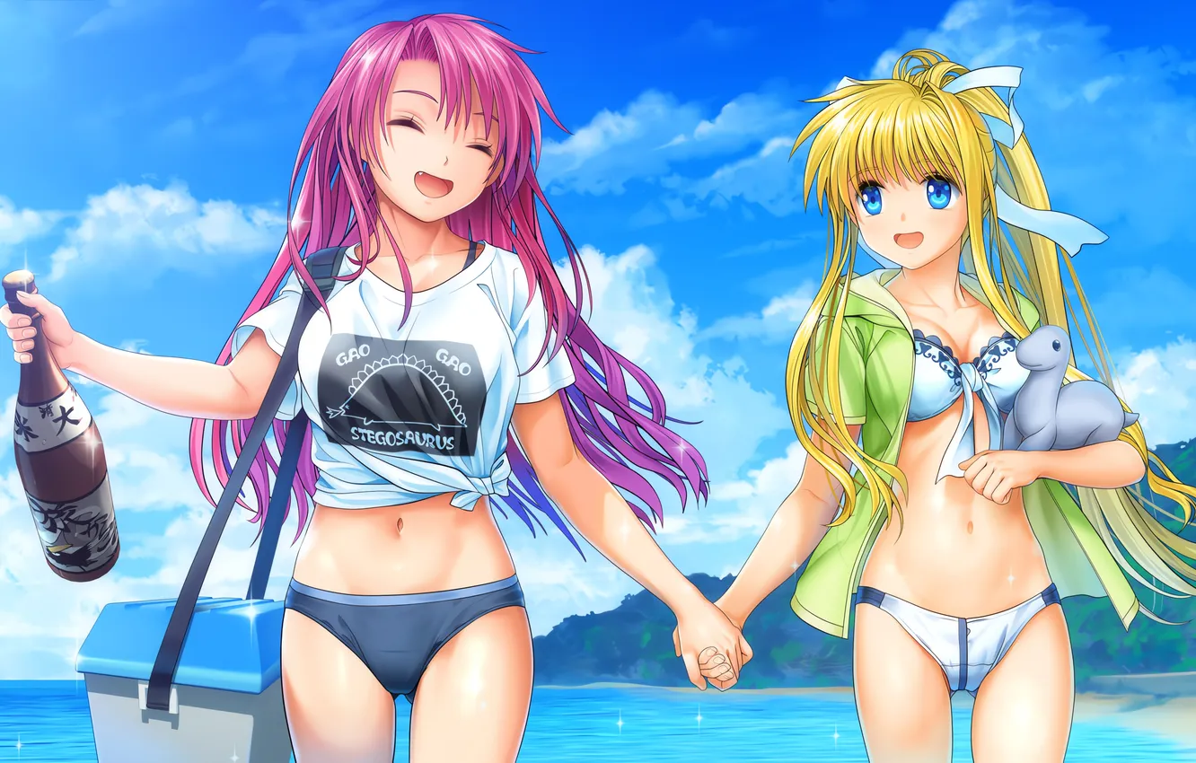 Фото обои sexy, cleavage, beach, pink hair, sky, long hair, sea, girls