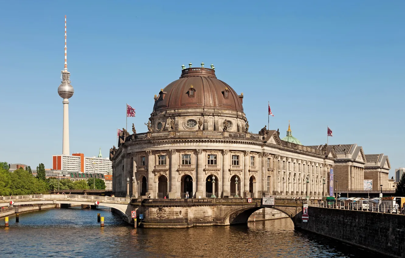 Фото обои небо, мост, город, река, Германия, Берлин, Berlin, Bode Museum